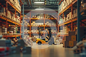 A forklift is driving through a warehouse by AI generated image