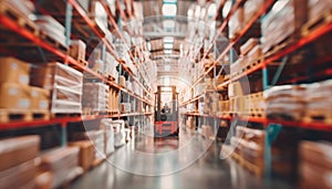 A forklift is driving through a warehouse filled with boxes by AI generated image