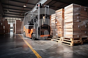 A forklift efficiently moves pallets in a well-organized warehouse setting, Forklift stuffing-unstuffing pallets of cargo to