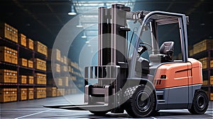 forklift electric freight transport in a large warehouse with racks of boxes.