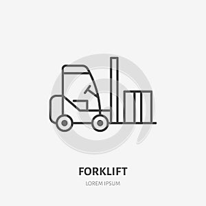 Forklift flat line icon. Fork lift loading box sign. Thin linear logo for cargo trucking, freight services