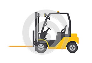 Forklift. Fork lift truck icon. Loader for warehouse and pallet. Machine for distribution and delivery. Yellow forklift isolated