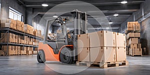 The forklift handling boxes in a spacious warehouse environment. AI generated image