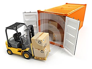 Forklift handling the cargo shipping container box.