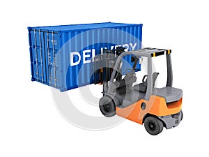 Forklift handling the cargo shipping container with an inscription delivery isolated on white background 3d render without shadow