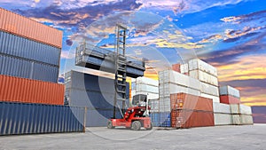 Forklift handling the container box at dockyard with beautiful s