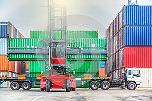 Forklift handling container box loading at the docks with truck, Crane handling cargo container loading to container trailer in i