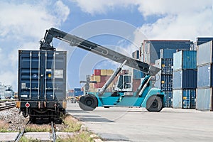 Forklift handling container box loading to freight train