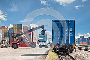 Forklift handling container box loading to freight train photo