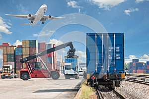 Forklift handling container box loading to freight train