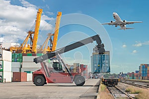 Forklift handling container box loading to freight train