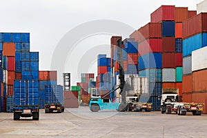 Forklift handling container box loading to truck