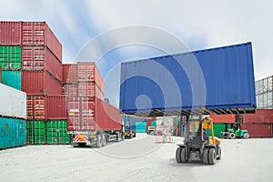 Forklift handling container box loading to truck in import expo