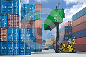 forklift handling container box loading to truck in import export logistic zone