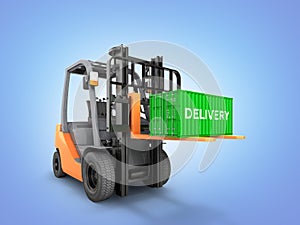 Forklift handling small cargo shipping container isolated on blue gradient background 3d render