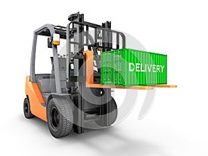 Forklift handling small cargo shipping container isolated on white background 3d render