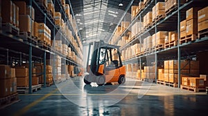 Forklift in the large modern warehouse, Large goods warehouse with shelves of pallet rack system storage