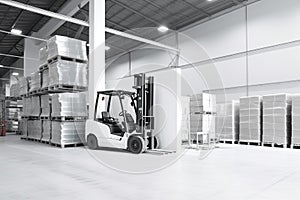 Forklift in a large warehouse hangar. Generative AI