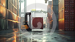 Forklift Lifting a Cargo Container at a Port