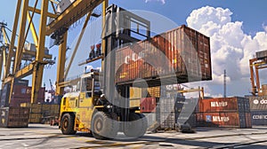 A forklift lifting container.AI generated image