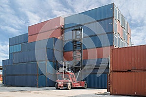 Forklift lifting container box loading to container depot use for cargo import, export, logistics background.