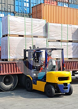 A forklift is loaded cargo