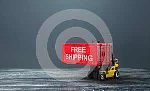Forklift loaded with free shipping container. World trade, logistics. Attractiveness of purchasing a product, a marketing move. photo