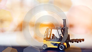 Forklift loader close up. Pallet stacker truck equipment at warehouse.