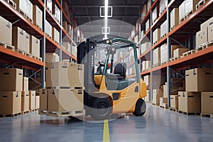 Forklift loader maneuvers cardboard boxes in warehouse 3D rendering photo