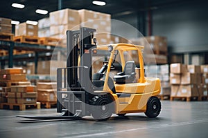 Forklift loader. Pallet stacker truck equipment at warehouse