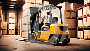 Forklift loader. Pallet stacker truck equipment at warehouse