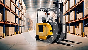 Forklift loader. Pallet stacker truck equipment at warehouse