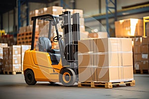 Forklift loader in storage warehouse ship yard. Distribution products