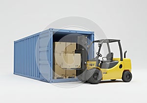 Forklift Loading Boxes Into Shipping Container on White Background
