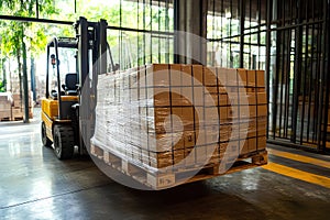 Forklift loading carton boxes on pallet in warehouse cargo distribution center photo
