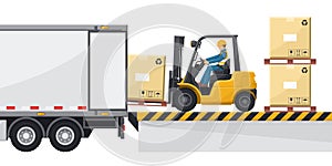 Forklift loading merchandise to a container truck at the loading and unloading dock. Forklift driving safety. Cargo and shipping