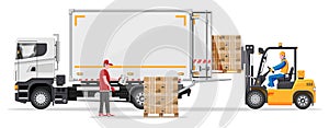 Forklift loading pallet boxes into lorry truck