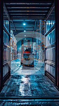 Forklift loading pallets in a warehouse at night