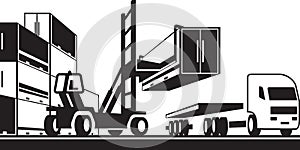 Forklift loading tractor truck with container