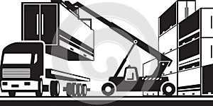 Forklift loading truck with cargo container