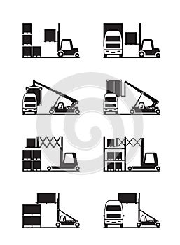 Forklift loading truck and warehouse with goods