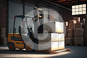 Forklift loads pallets and boxes in warehouse