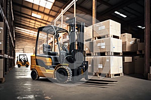 Forklift loads pallets and boxes in warehouse photo
