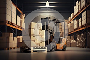 Forklift loads pallets and boxes in warehouse