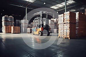 Forklift loads pallets and boxes in warehouse Generative AI