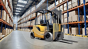 Forklift in modern warehouse setting with pallet racking in distribution centre