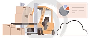 Forklift Moving Boxes with Data Analysis Chart and Cloud Connection Represents Logistics and Analytics