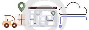 Supply Chain Logistics with Forklift, Location Map, and Cloud Storage Connectivity