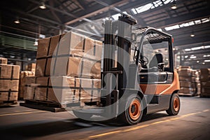 Forklift Moving Pallets in a Warehouse.