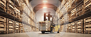 The forklift navigating through a warehouse filled with stacked pallets. AI generated image